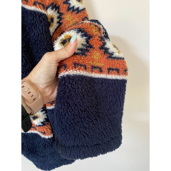 Lucky Brand Western Geo Print Full Zipper Fleece Jacket Navy Blue Brown Large - Picture 7 of 10
